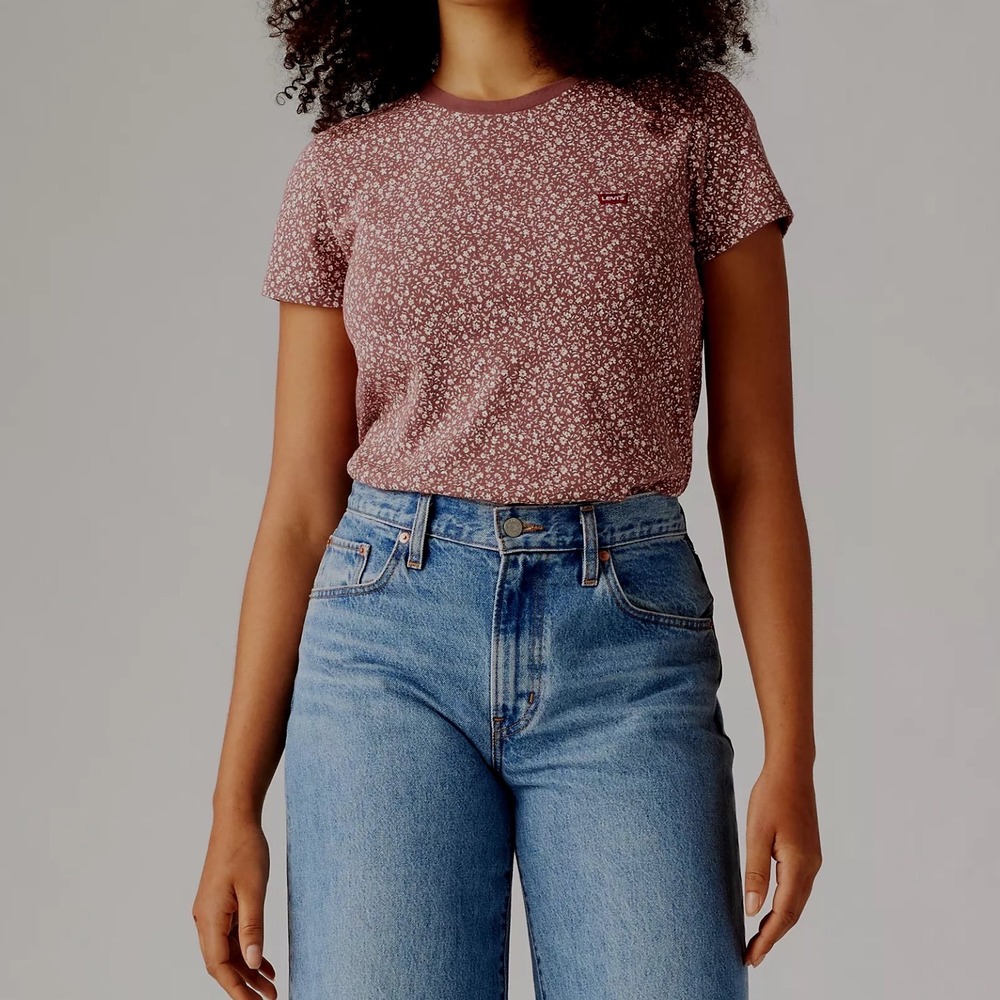 Levis Womens Floral Ditsy Print T-Shirt Mauve Short Sleeve Cotton Top L